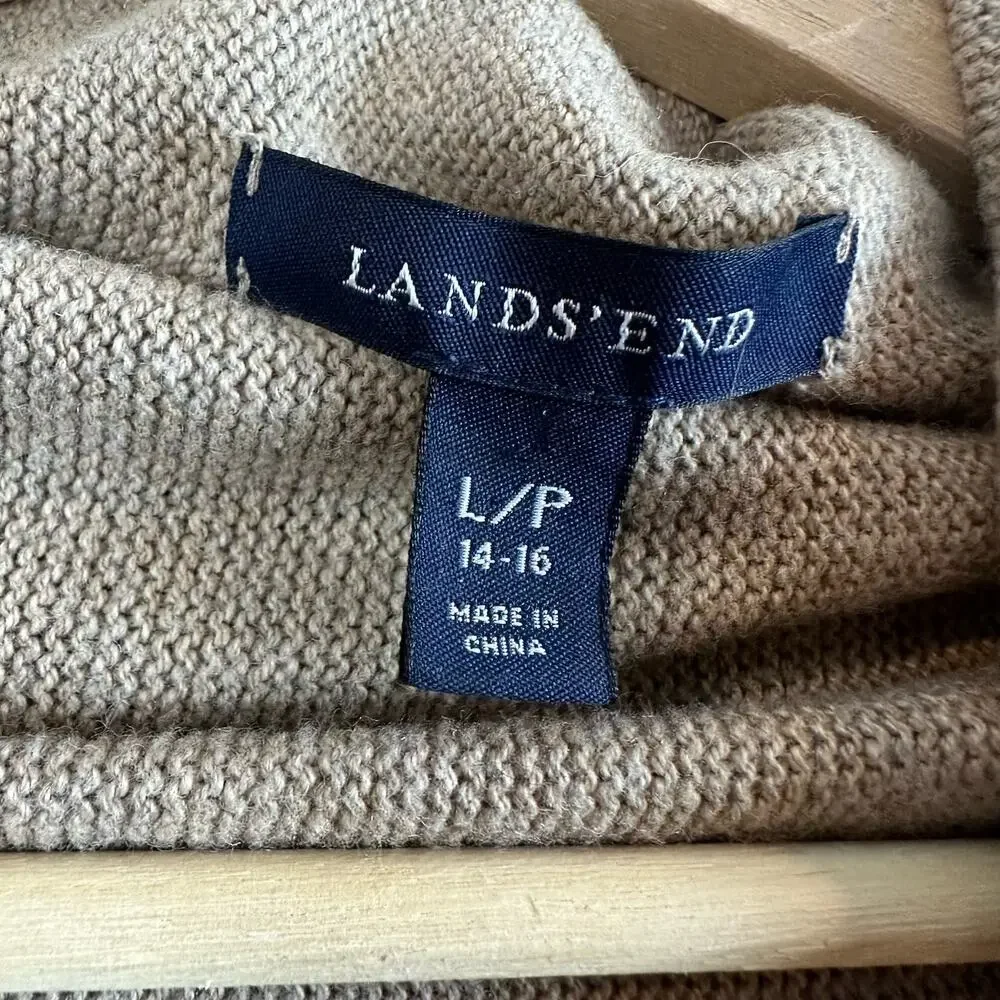 Lands End Open Front Fair Isle Cardigan Sweater Wool Blend LP PL L Petite 14 16